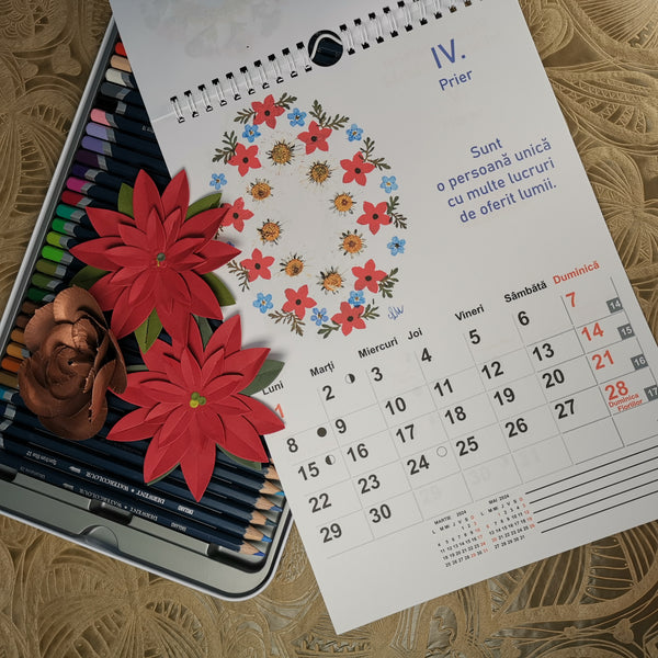 Calendar de perete, 2024, Ganduri Pozitive si Imagini cu Flori presate